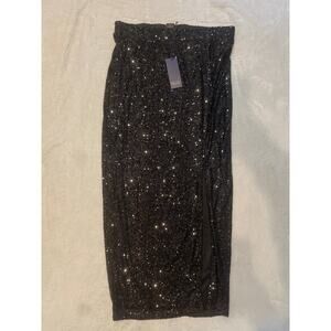 RACHEL ROY Women's Sequin Ruched Slit Skirt Medium Black Stretch Lined NWT